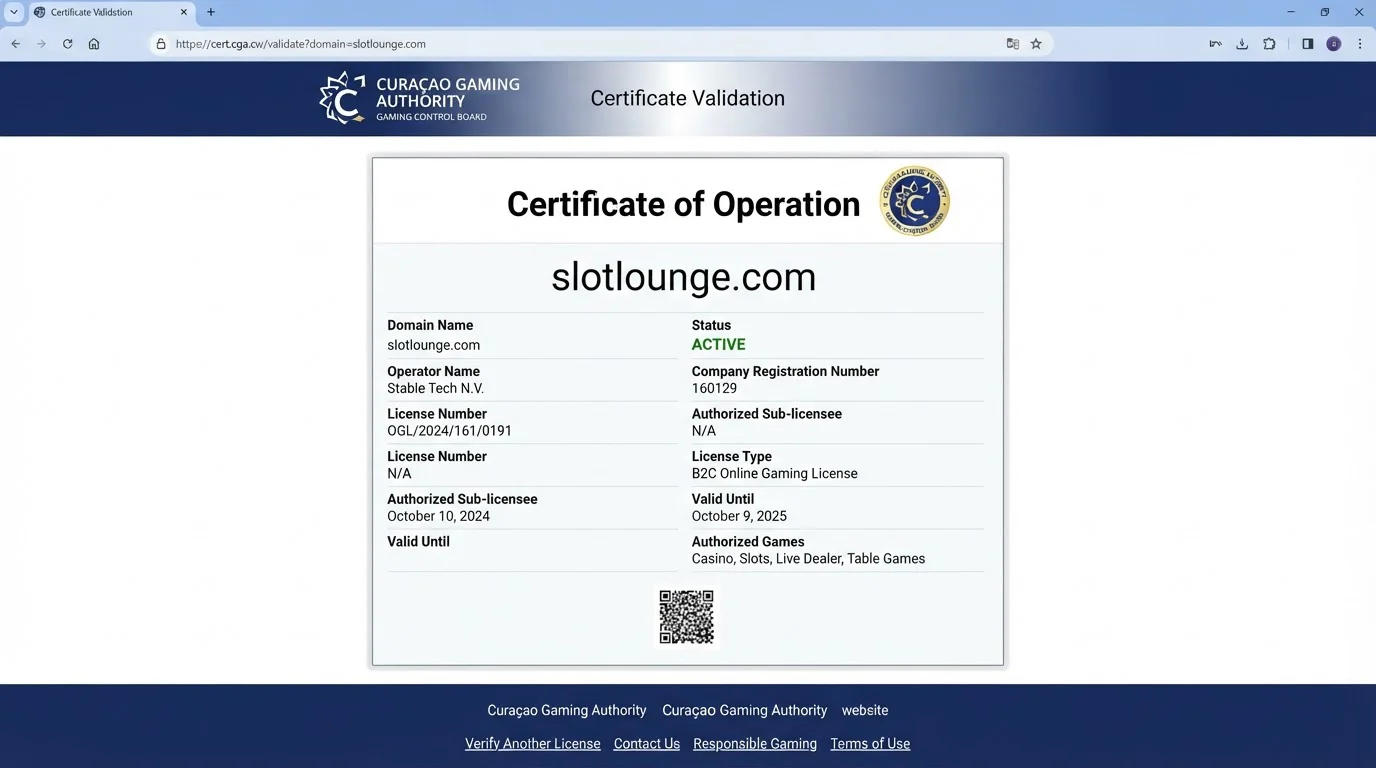 Current Curaçao Gaming Authority certificate for slotlounge.com showing Stable Tech N.V. and licence OGL/2024/161/0191 as Active