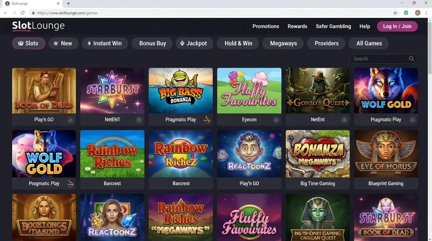 Current SlotLounge game lobby showing game categories and representative providers