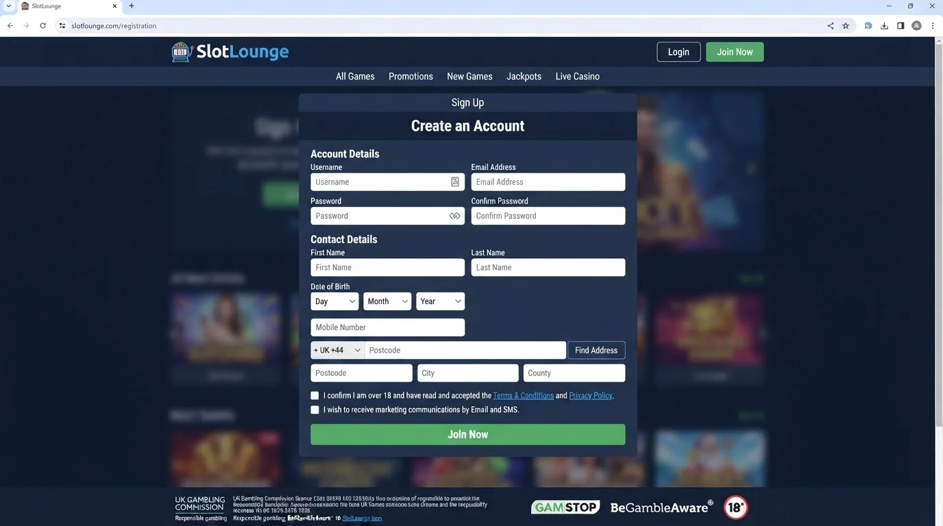 Current SlotLounge sign-up interface showing the fields presented to a new user