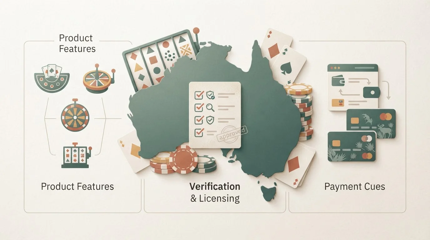 Editorial illustration of Australia, AUD payment cues and casino review checklists